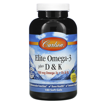 Carlson Labs Elite Omega-3 с витаминами D и K, натуральный вкус лимона, 180 мягких таблеток