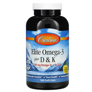 Carlson Labs, Elite Omega-3 с витаминами D и K, натуральный вкус лимона, 180 мягких таблеток