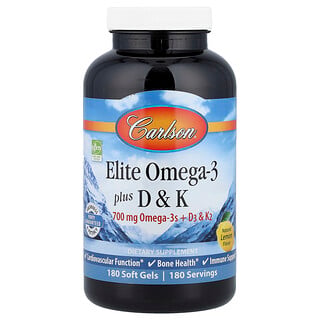 Carlson, Omega-3 Plus D y K de Elite, Limón natural, 180 cápsulas blandas