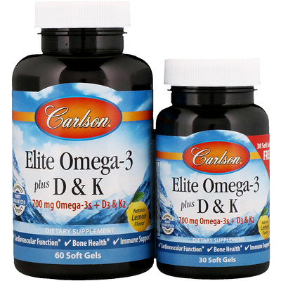 Carlson Labs Elite Omega-3 Plus D & K,天然檸檬香味,60 + 30粒軟膠囊