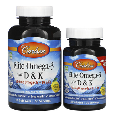Carlson Labs Elite Omega-3 с витаминами D и K, натуральный лимонный вкус, 60 (+ 30 бонусных) мягких капсул