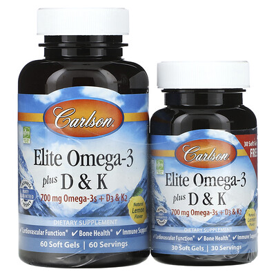 

Carlson Elite Omega-3 Plus D & K Natural Lemon Flavor 60 + 30 Free Soft Gels