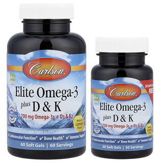 Carlson, Elite Omega-3 Plus D & K, prírodný citrón, 60 + 30 mäkkých kapsúl