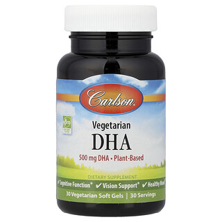 Carlson, DHA vegetariano, 500 mg, 30 cápsulas blandas vegetales