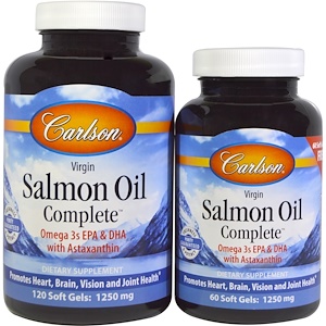 Купить Carlson Labs, Рыбий жир из норвежского лосося Salmon Oil Complete, 120 капсул в мягкой оболочке + 60 капсул бесплатно  на IHerb