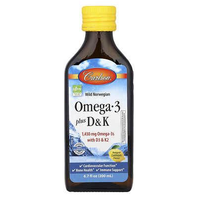 Carlson, Noruega salvaje, Omega-3 Plus D y K, Sabor natural a limón, 200 ml (6,7 oz. líq.)