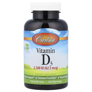 Carlson, Vitamina D3, 2500 UI (62,5 mcg), 150 cápsulas blandas