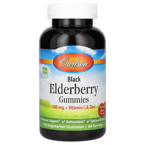 Carlson Black Elderberry Gummies + Vitamin C & Zinc, Natural Berry, 120 Vegetarian Gummies