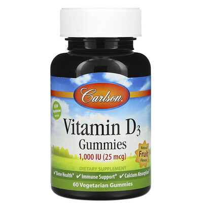 Carlson Labs Vitamin D3 Gummies, Natural Fruit Flavors, 25 mcg (1,000 IU), 60 Gummies