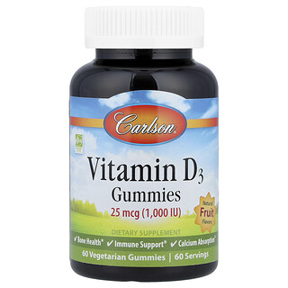 Carlson, Gomitas con vitamina D3, Fruta natural, 25 mcg (1000 UI), 60 gomitas vegetales