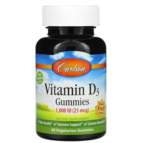 Carlson Labs, Vitamin D3 Gummies, Natural Fruit Flavors, 25 mcg (1,000 IU), 60 Gummies