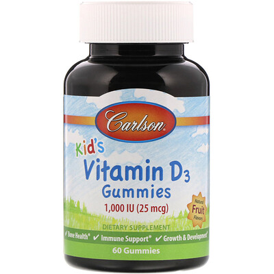 Carlson Labs Детские жевательные таблетки с витамином D3, натуральные фруктовые ароматизаторы, 25 мкг (1000 МЕ), 60 шт.