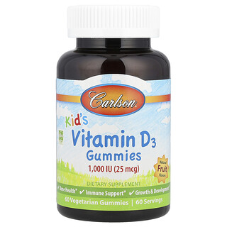 Carlson, Niños, Gomitas de vitamina D3, Sabores naturales de frutas, 25 mcg (1000 UI), 60 gomitas