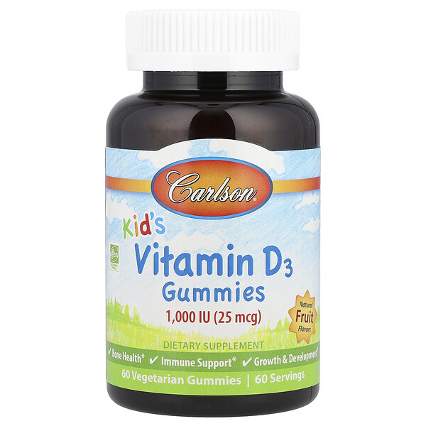 Carlson Kid's, Vitamin D3 Gummies, Natural Fruit, 25 mcg (1,000 IU), 60 Vegetarian Gummies
