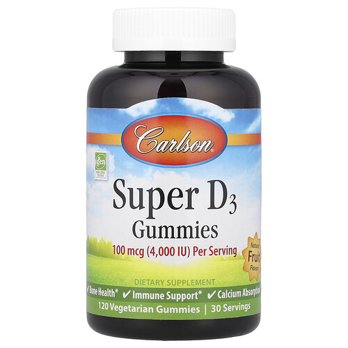 Carlson Super D3 Gummies, Natural Fruit, 120 Vegetarian Gummies (25 mcg (1,000 IU) per Gummy)