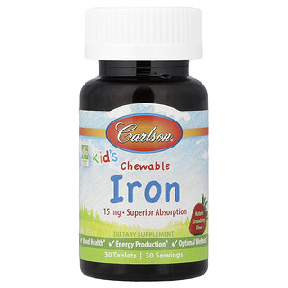 Carlson, Dječje žvakaće željezo, prirodna jagoda, 15 mg, 30 tableta
