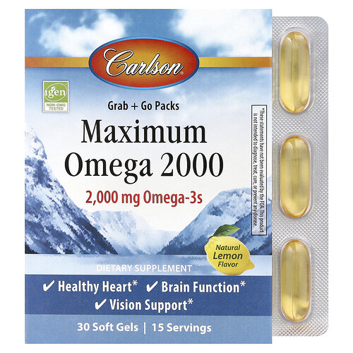 Carlson Maximum Omega 2000, Natural Lemon, 30 Soft Gels (1,000 mg per Soft Gel)