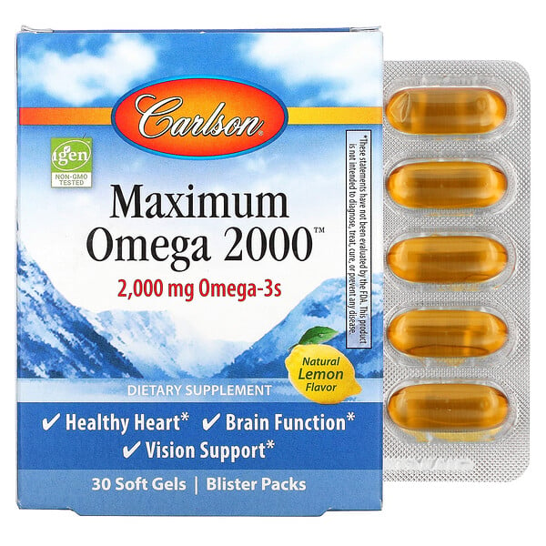 Carlson Labs, Maximum Omega 2000, Natural Lemon Flavor, 1,000 mg, 30 Softgels