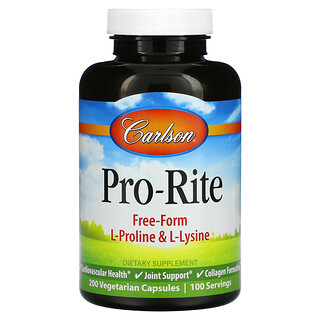 Carlson Labs, Pro-Rite, L-пролин и L-лизин в свободной форме, 200 вегетарианских капсул