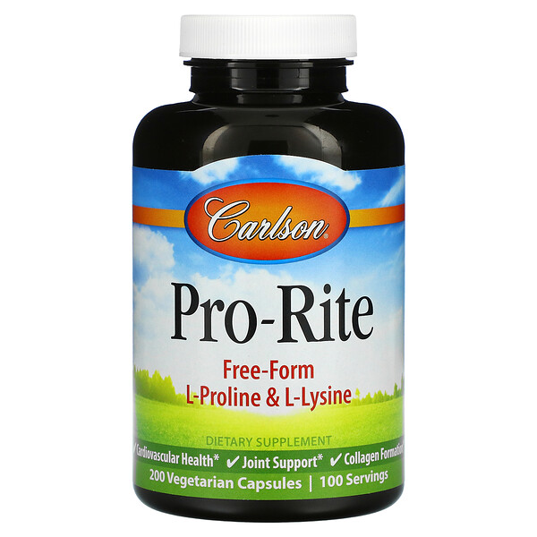 Carlson Labs‏, Pro-Rite, Free-Form L-Proline & L-Lysine, 200 Vegetarian Capsules