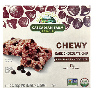 Cascadian Farm, Bar Granola Kenyal Organik, Cip Coklat Gelap, 6 Bar, 1.2 oz (35 g) Setiap satu