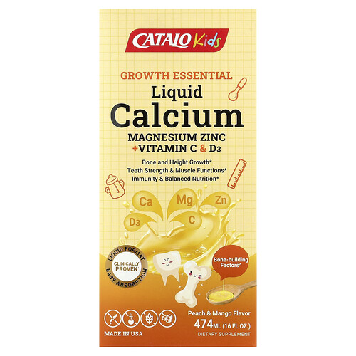 CATALO, Kids Liquid Calcium, Magnesium Zinc + Vitamin C & D3, Peach & Mango, 16 fl oz (474 ml)