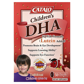 CATALO, Fórmula de pescado con DHA IQ para niños, Luteína agregada, Fresa, 50 cápsulas blandas masticables