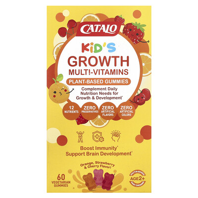 CATALO, Suplemento multivitamínico para el crecimiento de los niños, Gomitas de origen vegetal, 2 años en adelante, Naranja, fresa y cereza, 60 gomitas vegetales