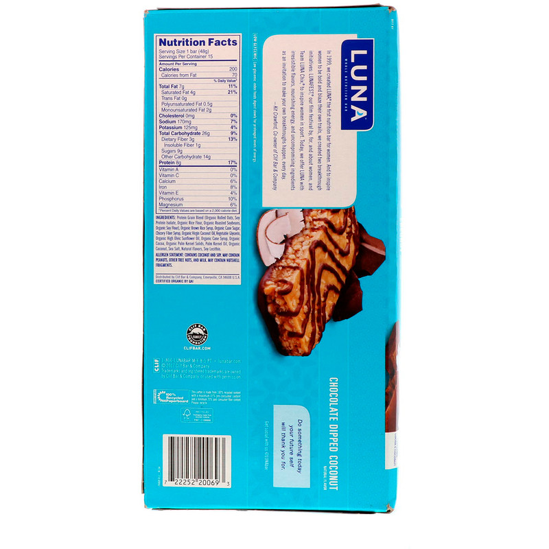 Clif Bar, Luna, Whole Nutrition Bar for Women, Chocolate Dipped Coconut