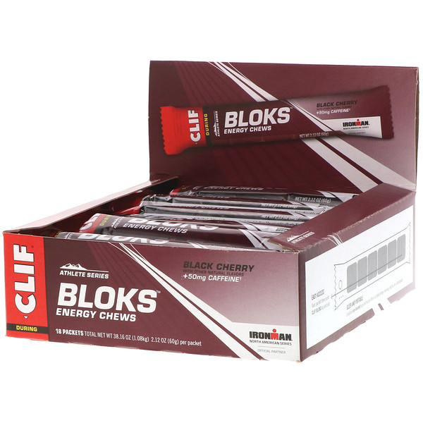 סוכריות לעיסה Bloks, בטעם דובדבן שחור + 50 מ"ג קפאין, 18 שקיות, 60 גרם ליחידה