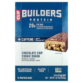 كليف بار‏, Builders® Protein + Caffeine Bar, Chocolate Chip Cookie Dough, 12 Bars, 2.4 oz (68 g) Each