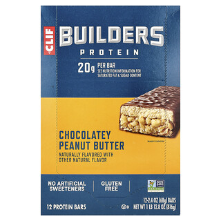 كليف بار‏, لوح البروتين Builders® ، زبدة الفول السوداني بالشيكولاتة ، 12 لوحًا ، 2.4 أونصة (68 جم) لكل لوح