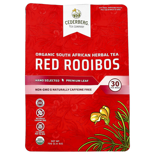 Cederberg Tea Co Organic South African Herbal Tea, Red Rooibos, Caffeine Free, 30 Tea Bags, 2.6 oz (75 g)