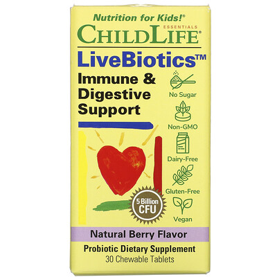 ChildLife LiveBiotics, Immune & Digestive Support, Natural Berry Flavor, 5 Billion CFU, 30 Chewable Tablets