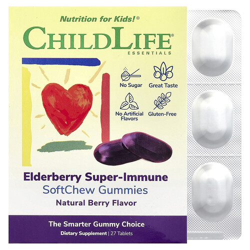 ChildLife Essentials, Kids, Elderberry Super-Immune SoftChew Gummies, Natural Berry, superweiche Holunder-Fruchtgummis für die Immungesundheit von Kindern, natürlicher Beerengeschmack, 27 Tabletten