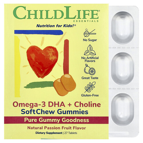 ChildLife Essentials, Essentials, Omega-3 DHA + Choline, Omega-3 DHA + Cholin, weiches Fruchtgummi, Passionsfrucht, 27 Tabletten