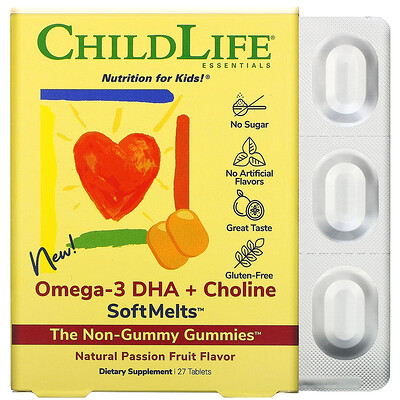 ChildLife Omega-3 DHA + Choline SoftMelts, Natural Passion Fruit Flavor, 27 Tablets