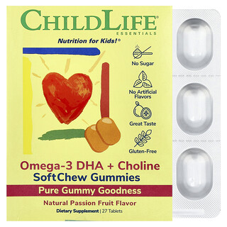 ChildLife Essentials, 必需，Omega-3 DHA+ 膽鹼咀嚼軟糖，西番蓮味，27 片