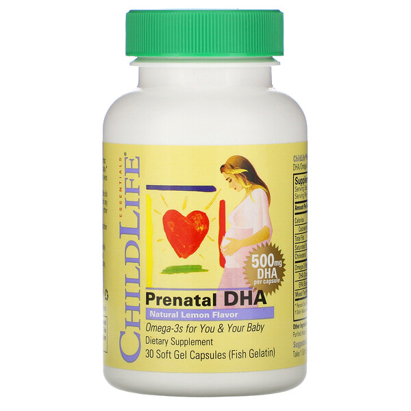 DHA Prenatal, Sabor natural limón, 500 mg, 30 Cápsulas blandas