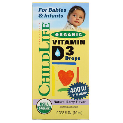 ChildLife Органический витамин D3 в каплях, натуральный ягодный вкус, 400 МЕ, 10 мл (0,338 жидк. унции)