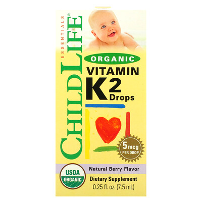 ChildLife органический витамин K2 в каплях, натуральный ягодный вкус, 5 мкг, 7,5 мл (0,25 жидк. унции)