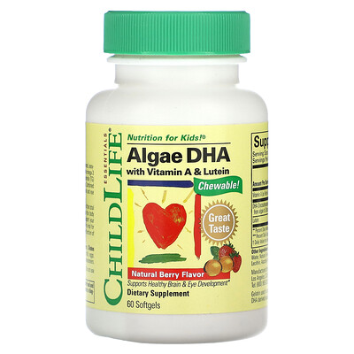 

ChildLife Essentials ДГК из водорослей с витамином А и лютеином, натуральные ягоды, 60 мягких таблеток