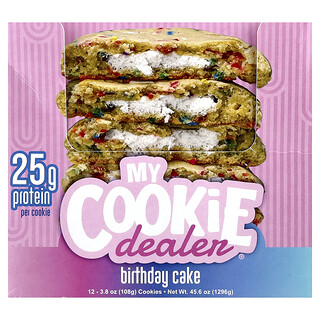 My Cookie Dealer Protein, Протеинови бисквитки, торта за рожден ден, 12 бисквитки, 108 g (3,8 oz) всяка