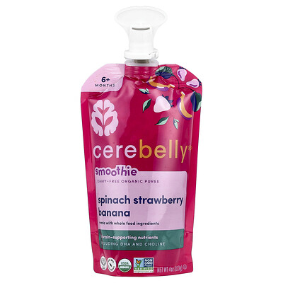 Product Image for Cerebelly, Smoothie, Dairy-Free Organic Puree, 6+ Months, Spinach, Strawberry, Banana, 4 oz (113 g)