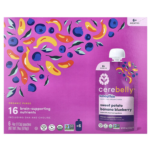 Cerebelly, Smoothie, Organic Puree, ohne Milchprodukte, ab 6 Monaten, Süßkartoffel, Banane, Heidelbeere, 6 Beutel, je 113 g (4 oz.).
