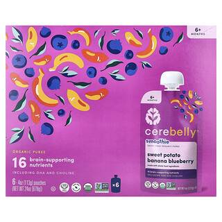 Cerebelly, Smoothie, Purê Orgânico sem Laticínios, Acima de 6 Meses, Batata-Doce, Banana, Mirtilo, 6 Sachês, 113 g (4 oz) Cada