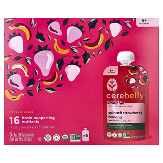 Cerebelly, Smoothie, Purê Orgânico sem Laticínios, Acima de 6 Meses, Espinafre, Morango, Banana, 6 Sachês, 113 g (4 oz) Cada