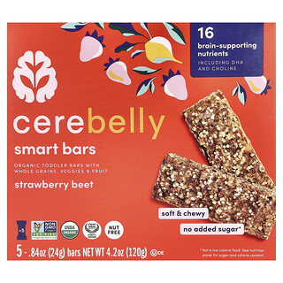 Cerebelly, Smart Bars，有機幼兒零食棒，草莓甜菜味，5 根，每根 0.84 盎司（24 克）