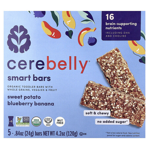 Cerebelly, Intelligente Riegel, Bio-Kleinkindriegel, Süßkartoffel-Heidelbeere-Banane, 5 Riegel, je 24 g (0,84 oz.)