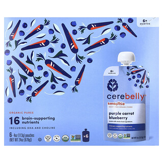 Cerebelly, 思慕雪，無乳製品有機果蔬泥，適合 6 個月以上寶寶，紫胡蘿卜和藍莓，6 袋，每袋 4 盎司（113 克）